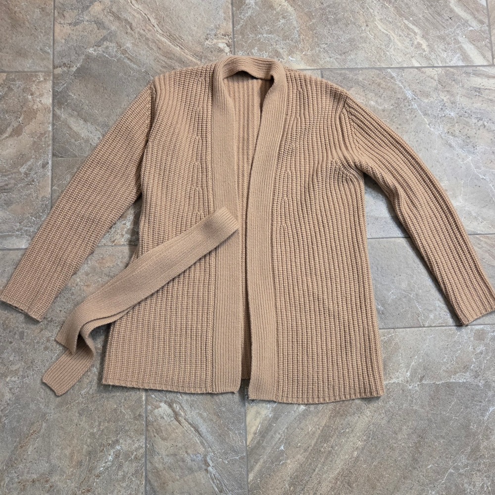 Nili Lotan 100% Cashmere Belted Cardigan Sweater Camel Tan Ribbed‎ Knit XS